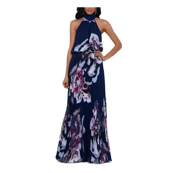 BETSY & ADAM Dresses & Skirts - BETSY & ADAM Womens Navy Pleated Floral Halter Full-Length Evening Dress 4